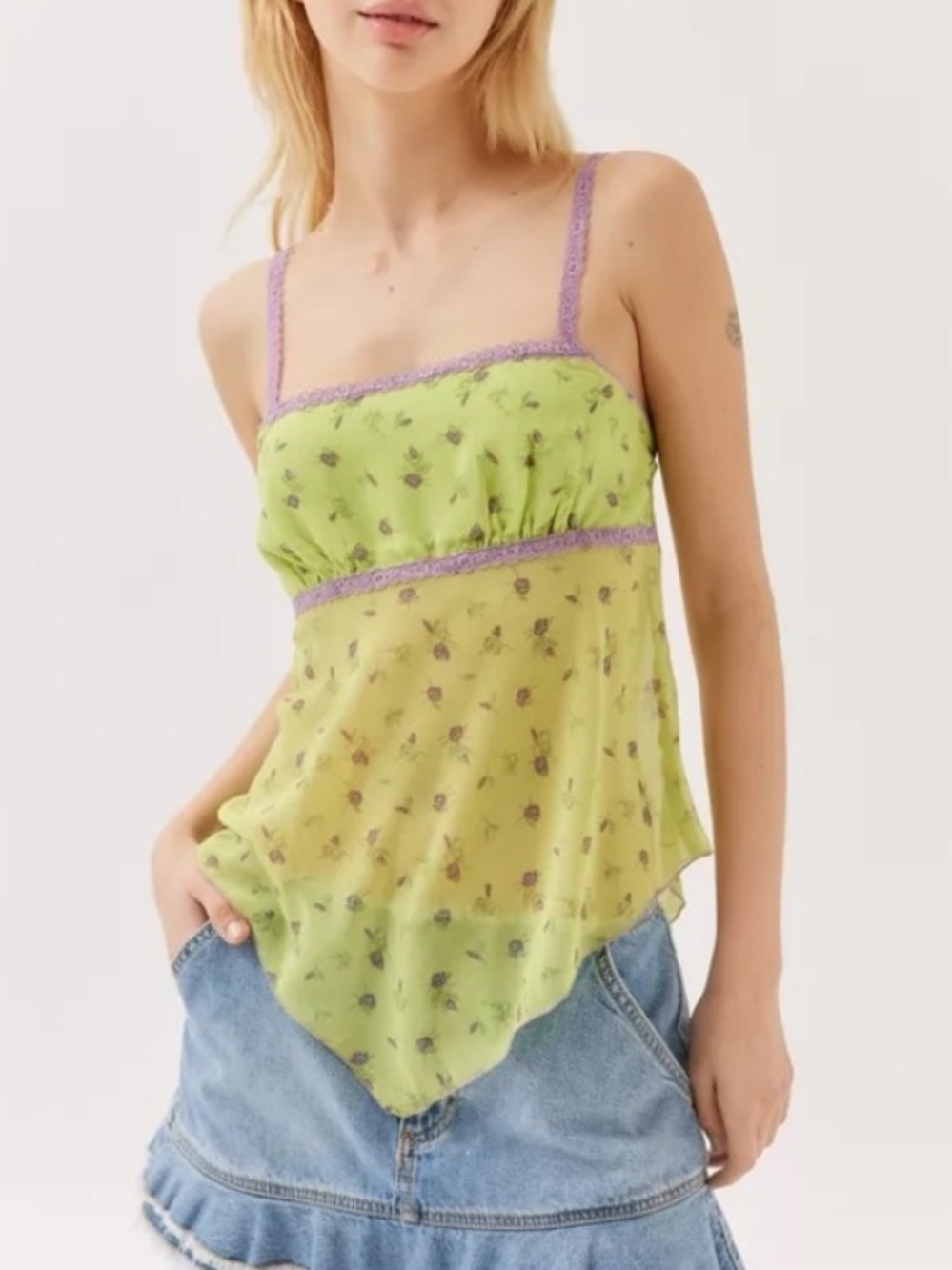 Urban Outfitters Tati Fairy Whimsical semisheer floral tank top with purple lace